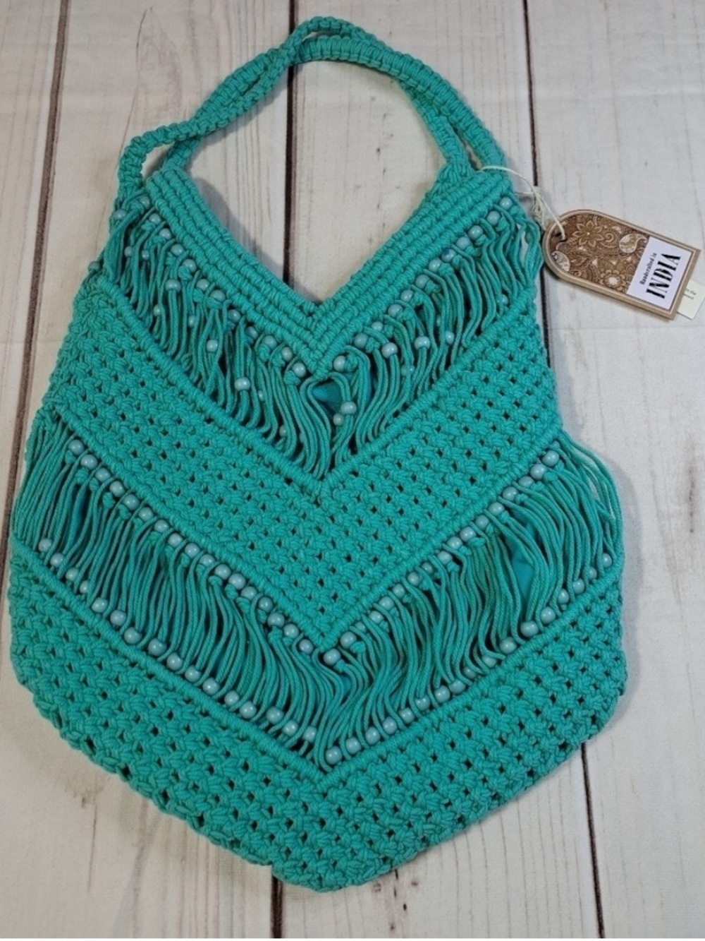 Boho Teal Crochet Fringe Beaded Tote Bag